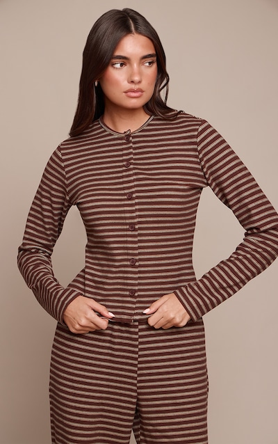 Dark Brown Soft Fleece Striped Button Up Top