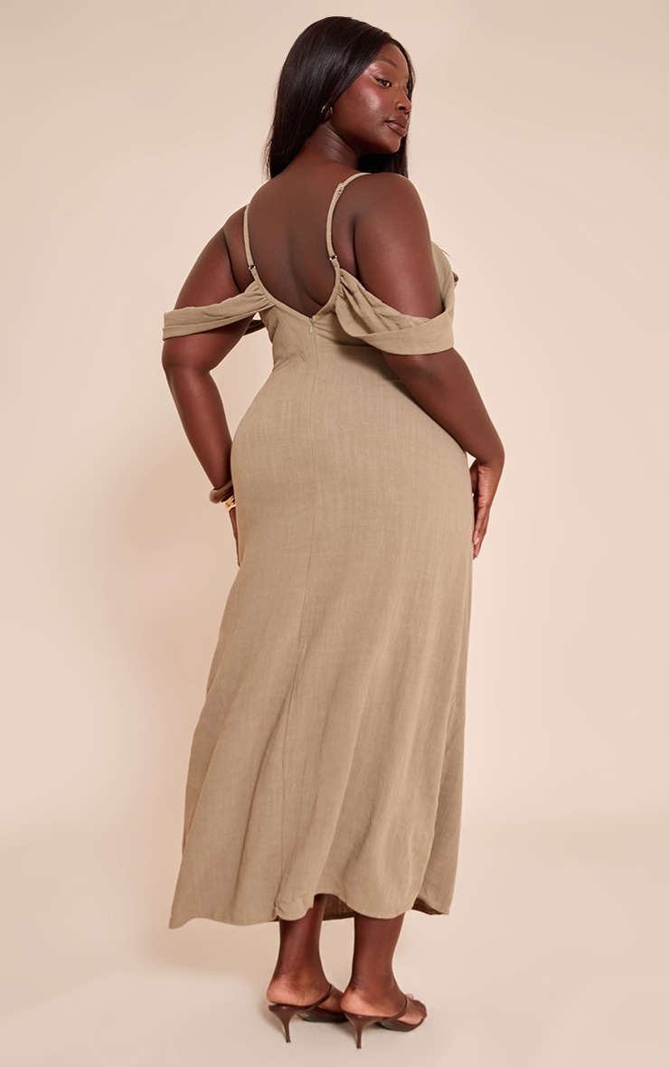 Plus Khaki Textured Strappy Drape Detail Maxi Dress image 2