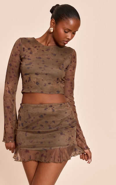 Khaki Abstract Print Mesh Frill Hem Mini Skirt