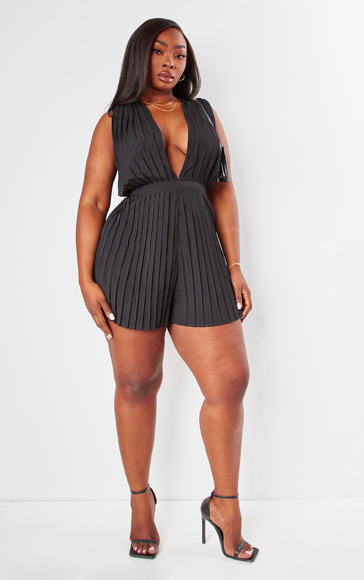 Plus Black Pleated Shoulder Pad Plunge Playsuit image 3