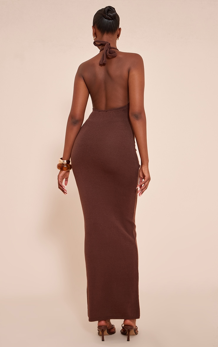 Robe longue dos nu chocolat à empiècements et partie superposée image 2