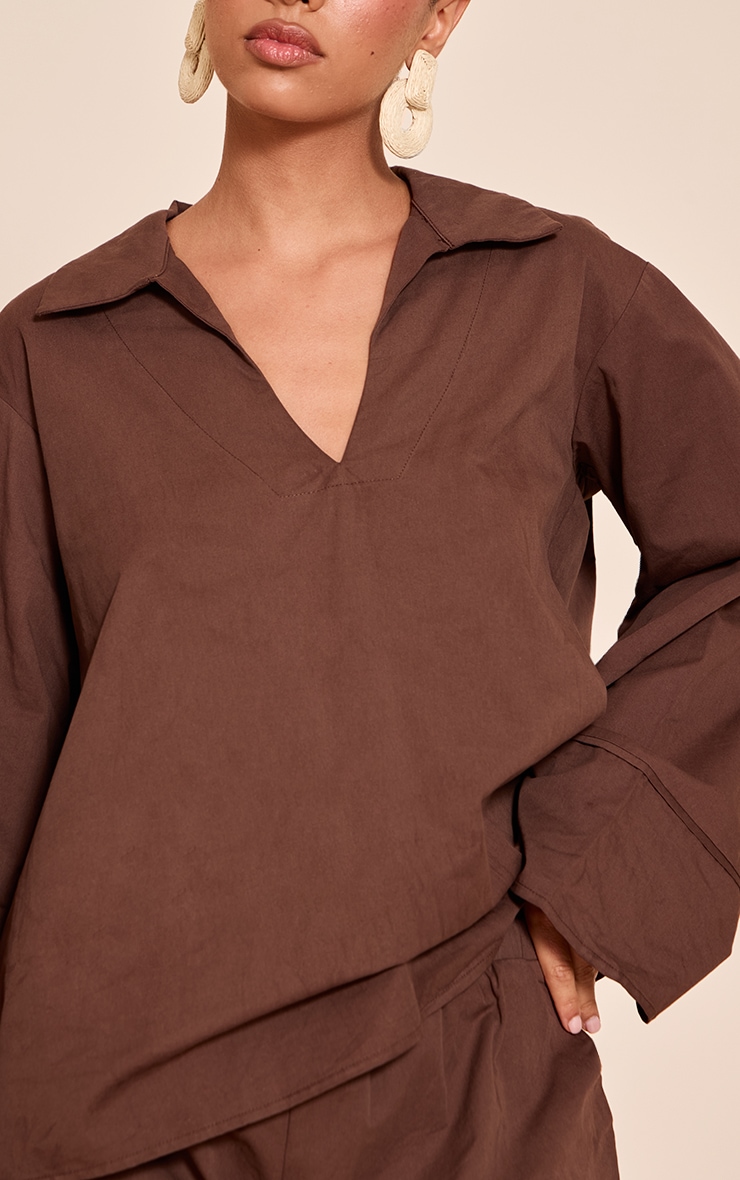  Chocolate Cotton Woven Boxy Long Sleeve Collar Top image 4