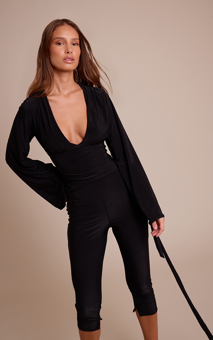 Black Double Layer Slinky Drape Plunge Long Sleeve Long Top image 4