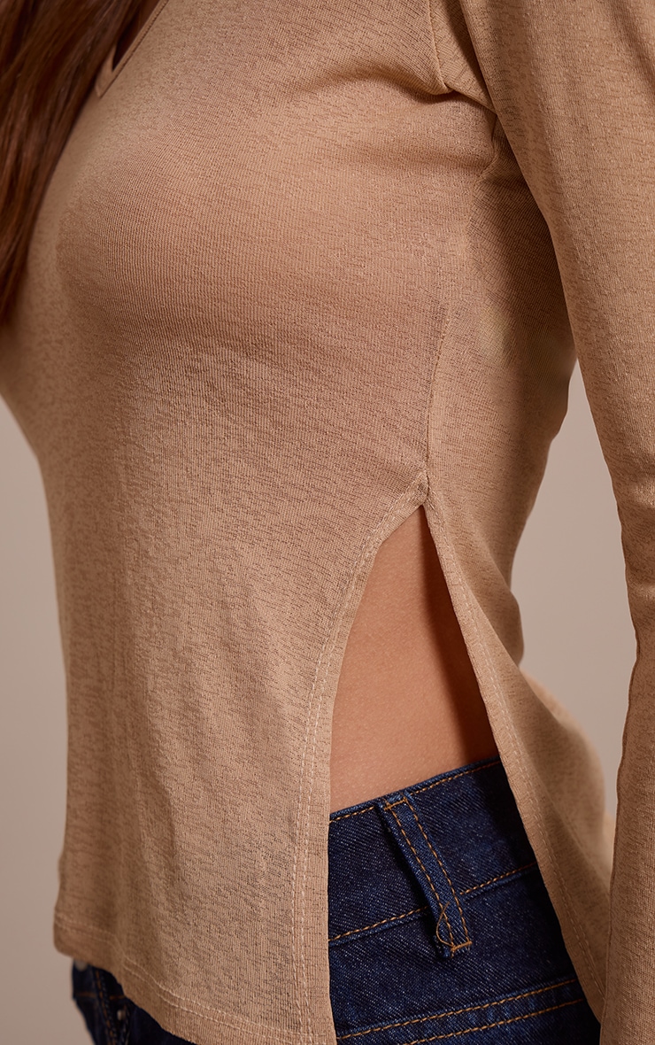 Tan Burnout Mesh V Neck Long Sleeve Top image 4