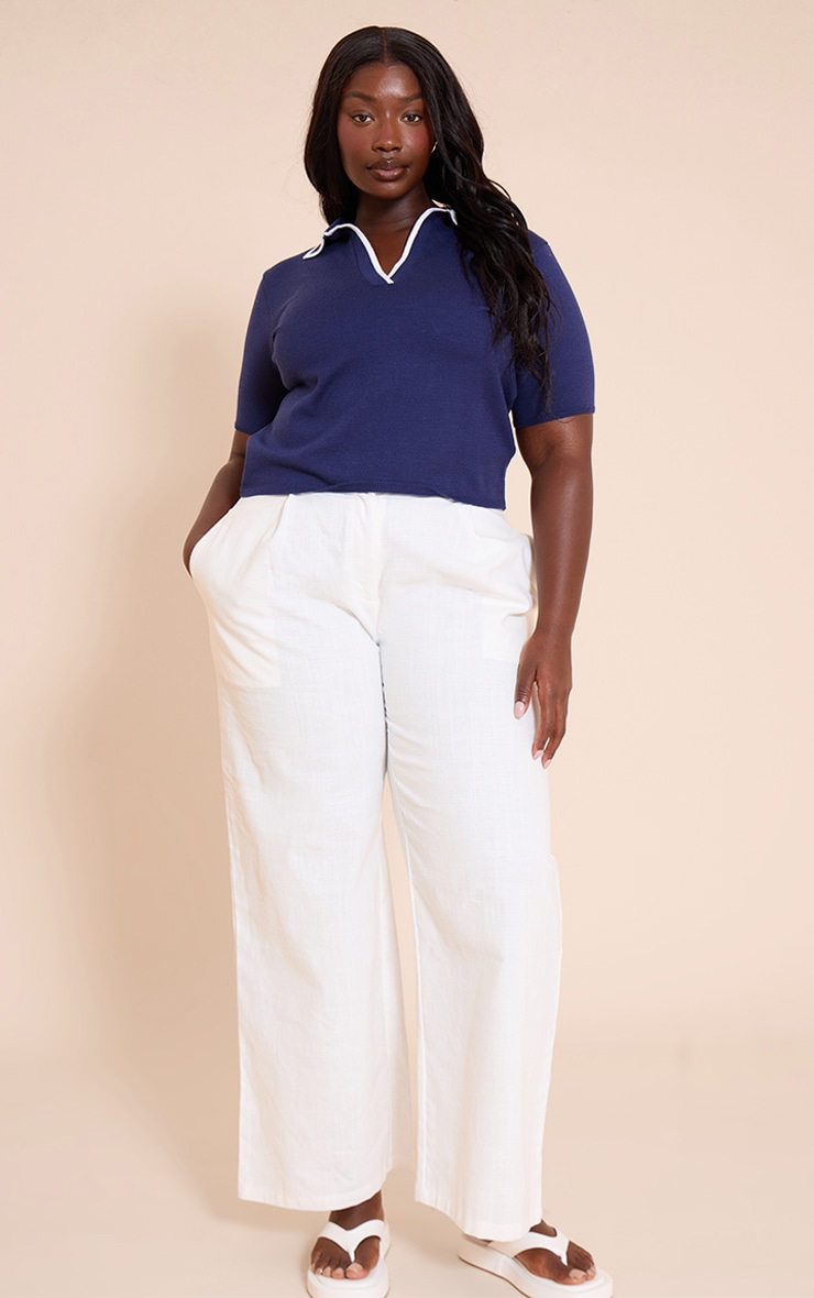 Plus Navy Knitted Contrast Polo Collar Top image 3