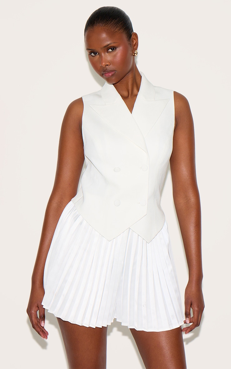 White Tailored Vest Detail Pleated Skort Romper image 1