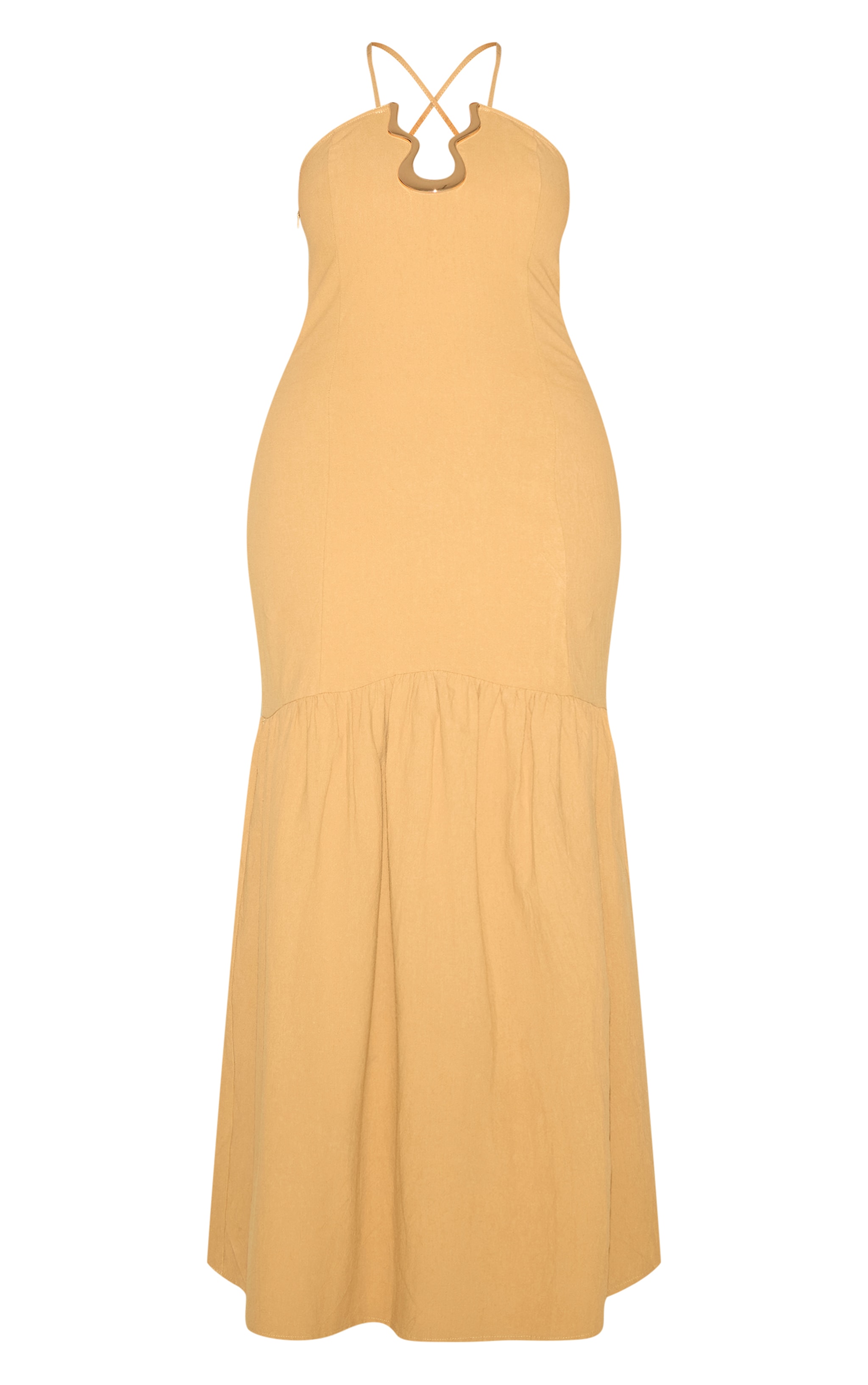 Shape Khaki Linen Look Gold Wave Trim Dropped Hem Maxi Dress image 5