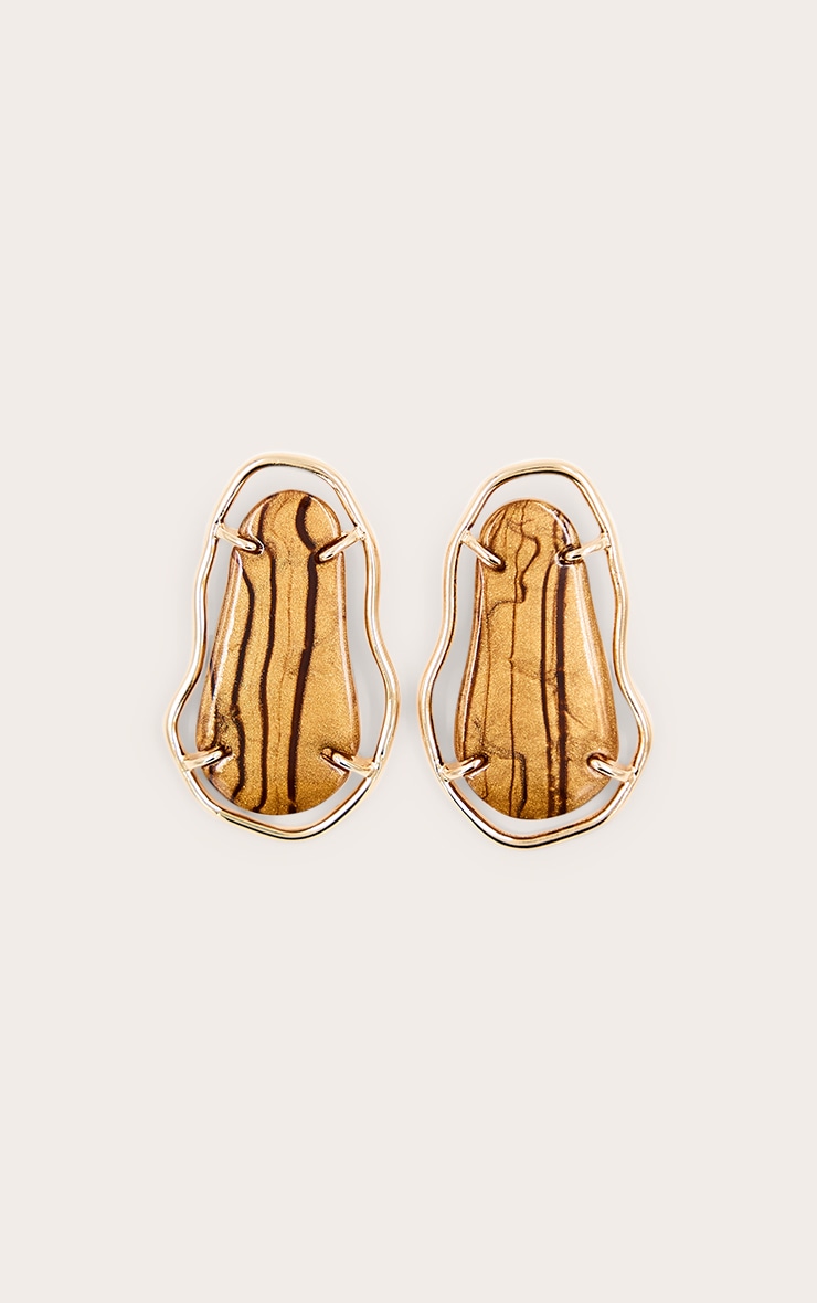 Boucles d'oreilles XXL à pierre oeil de tigre et contours dorés image 2