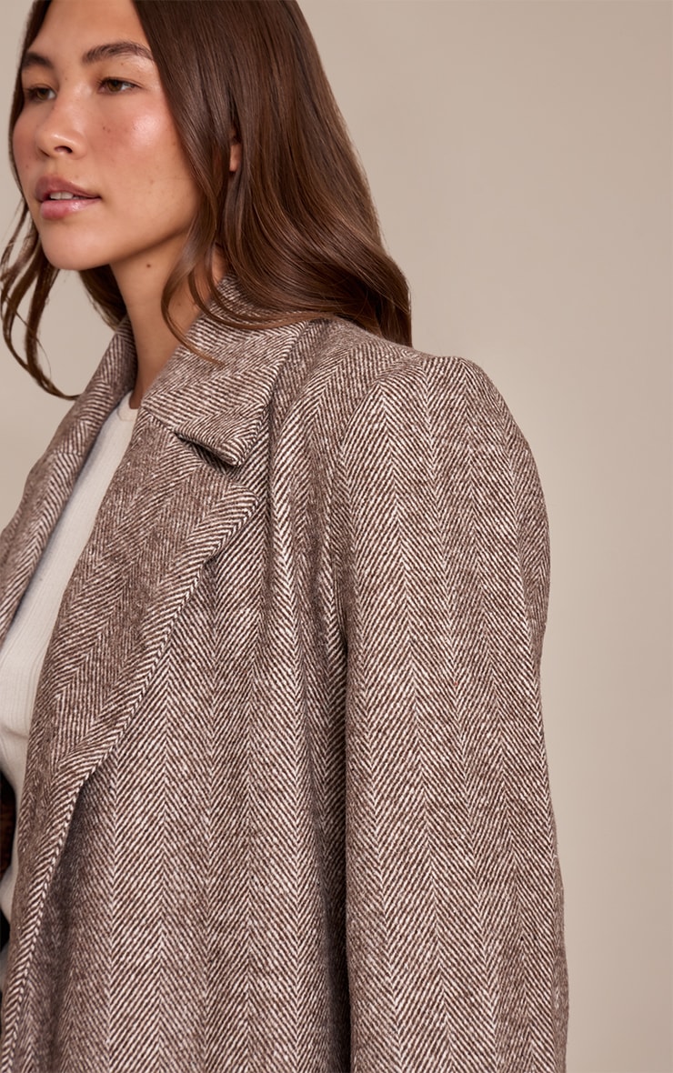 Brown Herringbone Tie Waist Maxi Coat image 4