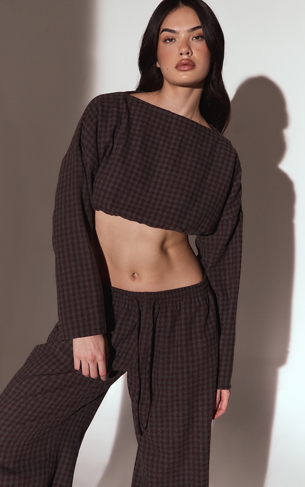 Brown Brushed Check Long Sleeve Crop Top