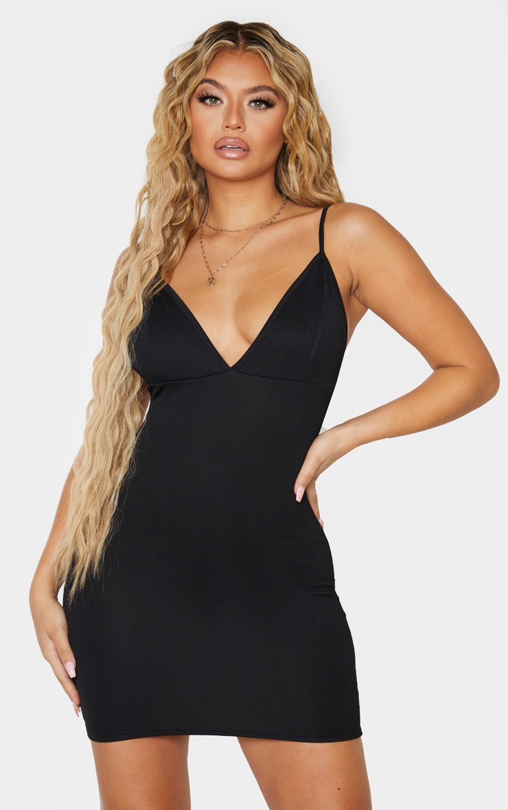 Black Strappy Plunge Detail Bodycon Dress