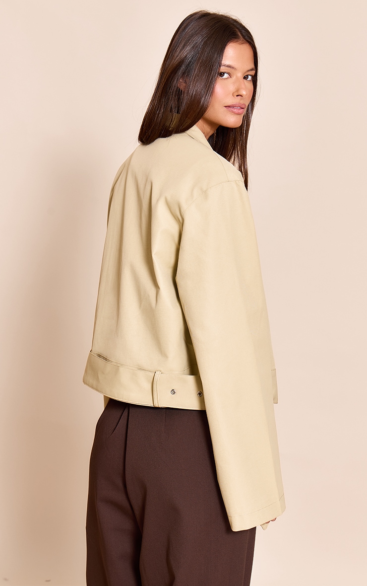 Beige Cropped Belted Biker Jacket image 2