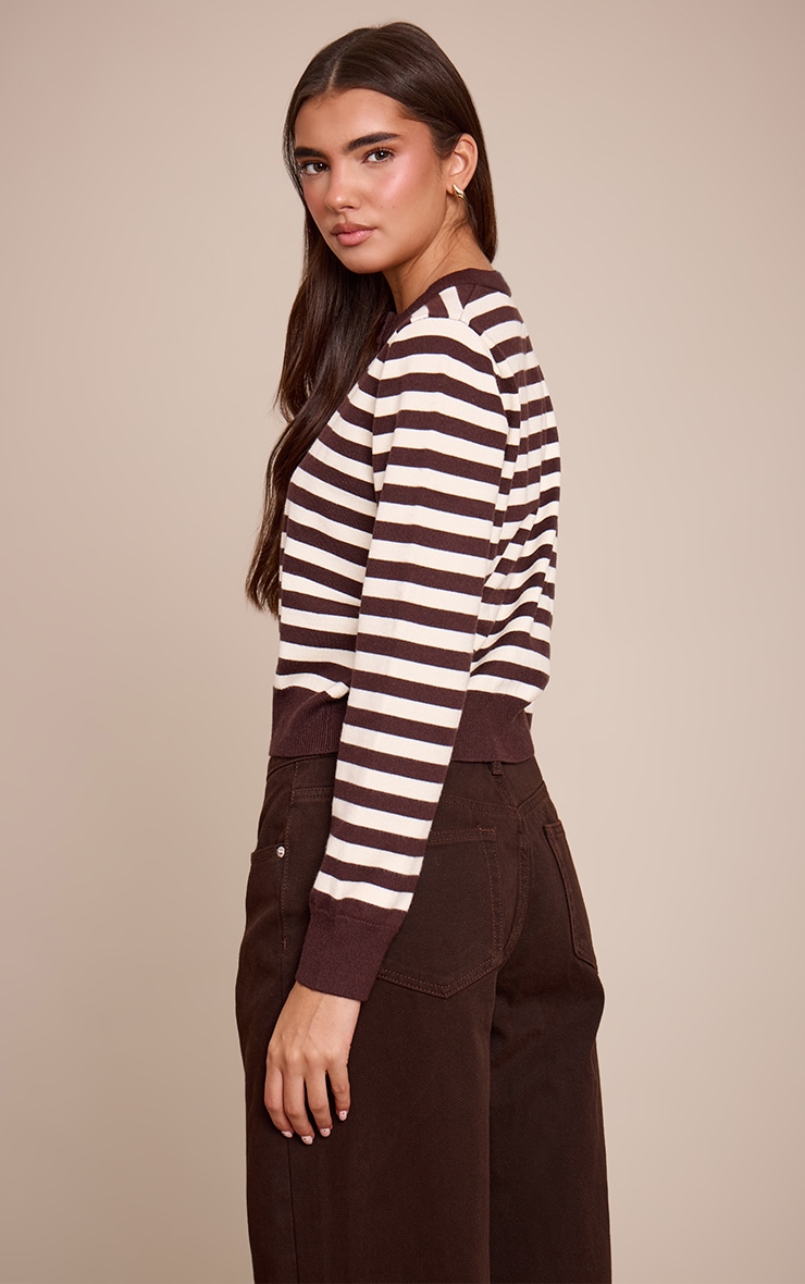 Chocolate Striped Button Up Compact Knit Cardigan image 2