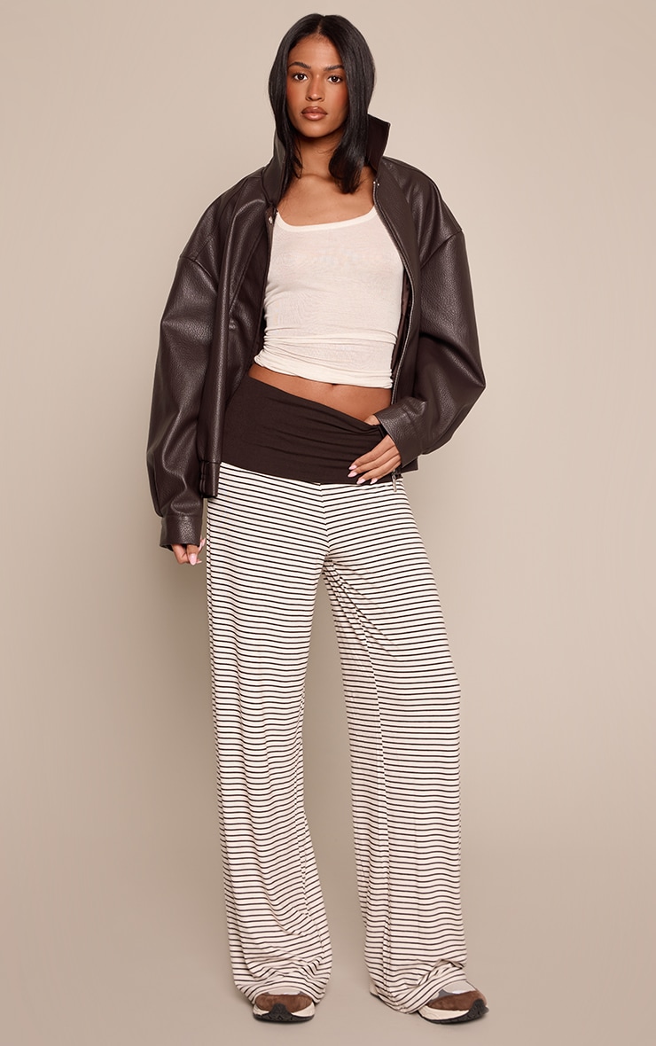 Tall Chocolate Striped Contrast Waistband Soft Jersey Wide Leg Pants image 1