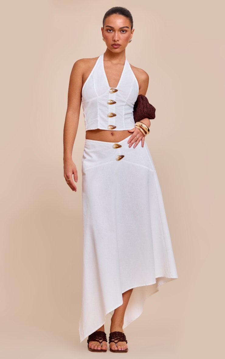 White Woven Halterneck Button Detail Top image 3