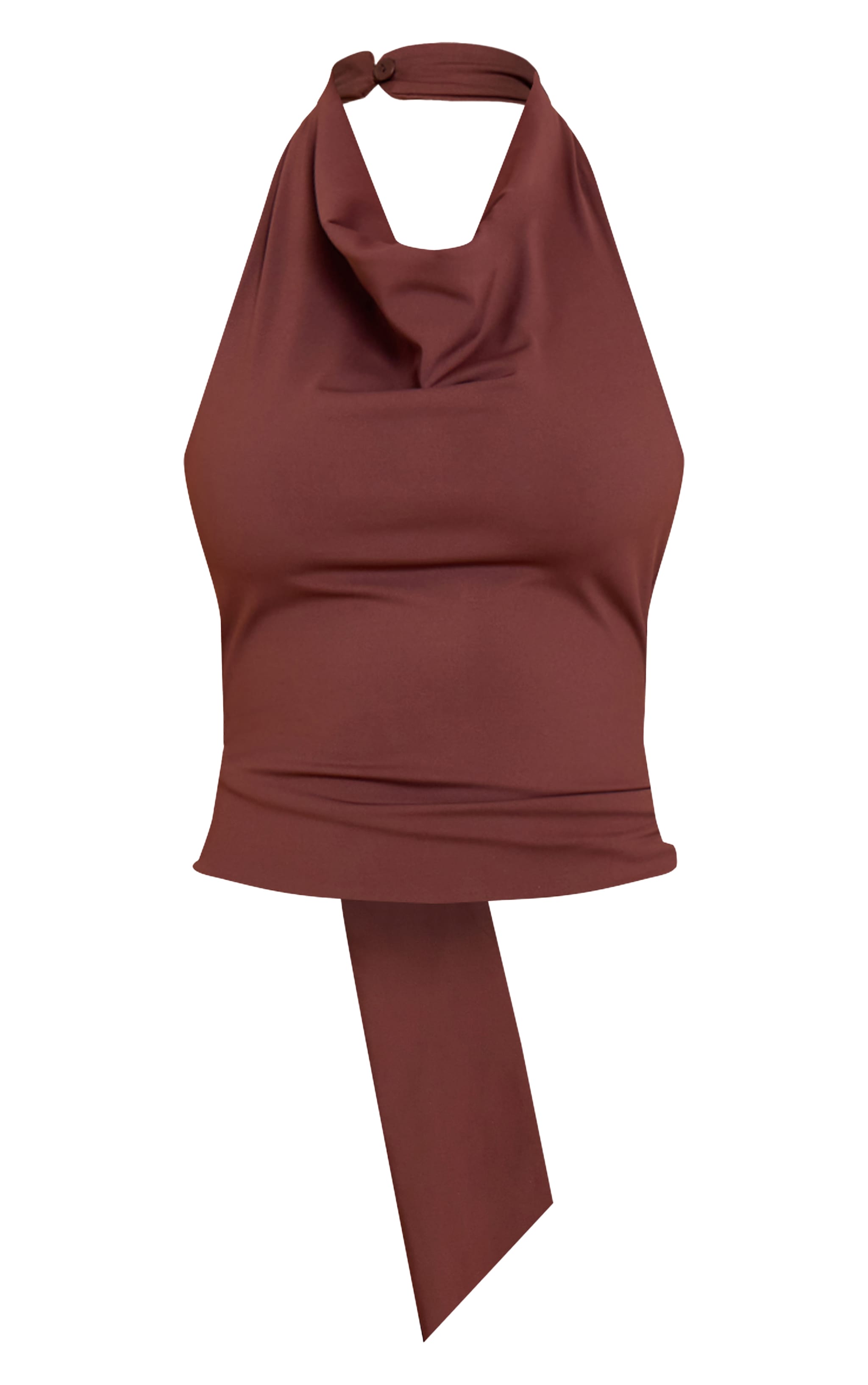Chocolate Brown Matte Sculpt Halterneck Gold Detail Backless Top image 1