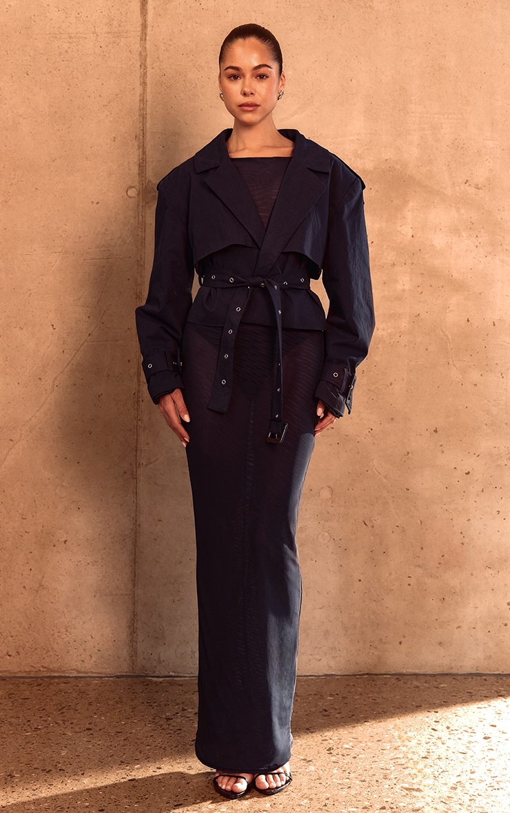 PLT Label Navy Double Layer Mesh Ruched Sleeve Detail Maxi Dress image 3