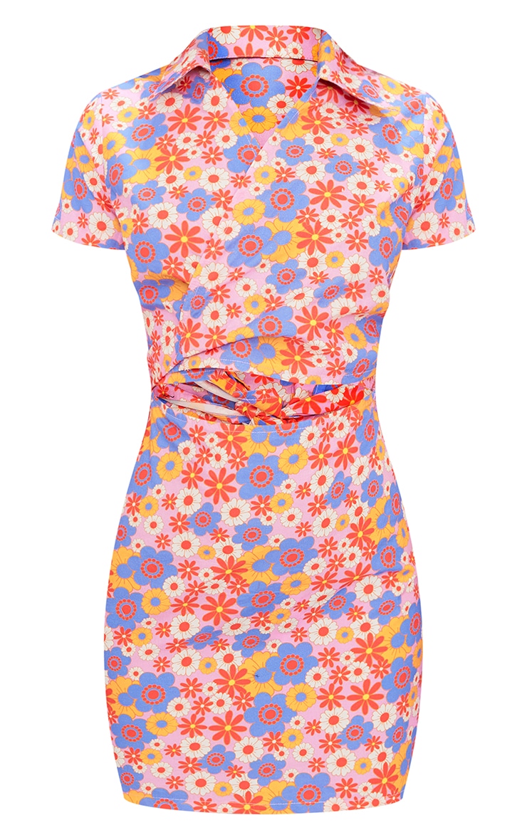 Pink Textured Floral Knot Tie Cut Out Detail Bodycon Dress image 5