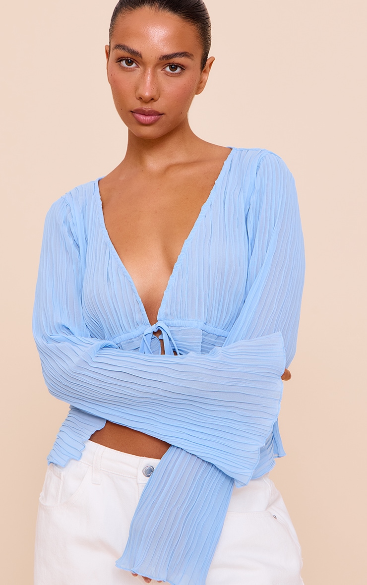 Sky Blue Sheer Plisse Tie Front Flute Sleeve Blouse image 4