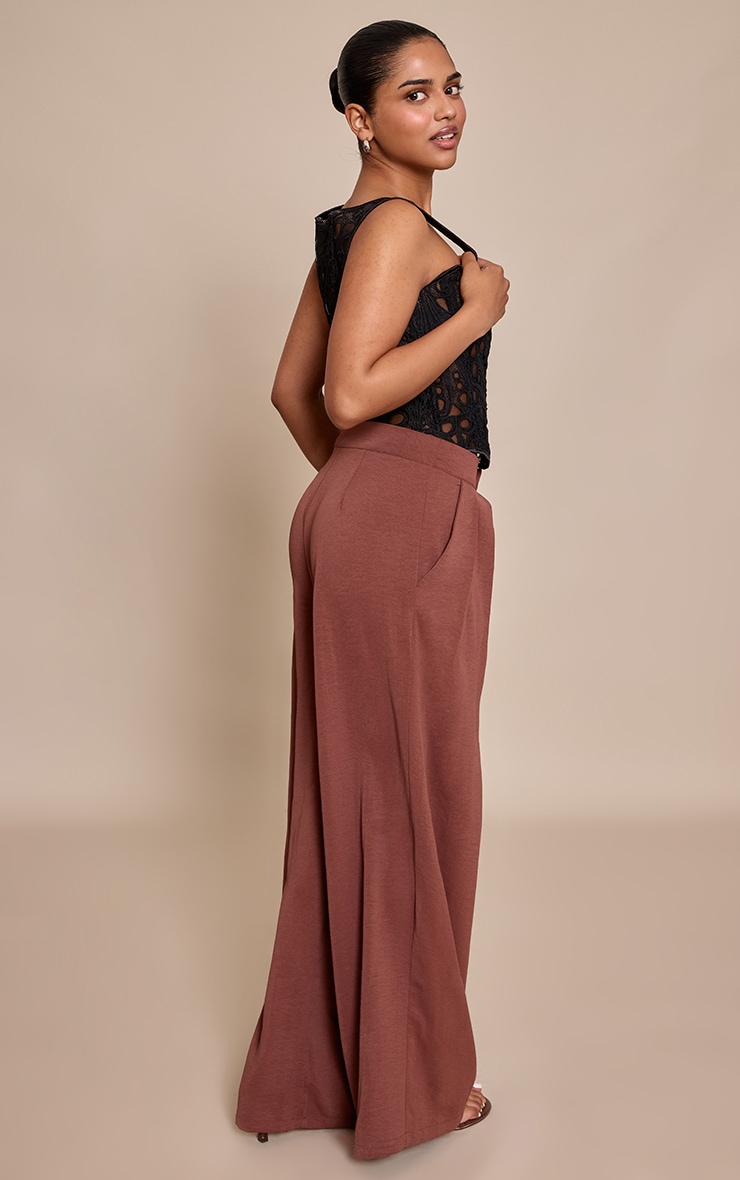 Petite Deep Chocolate Floaty Woven Double Pleat Wide Leg Pants image 3