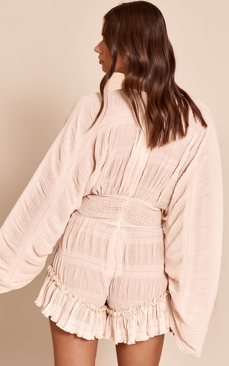 Cream Textured V Neck Frill Romper image 2