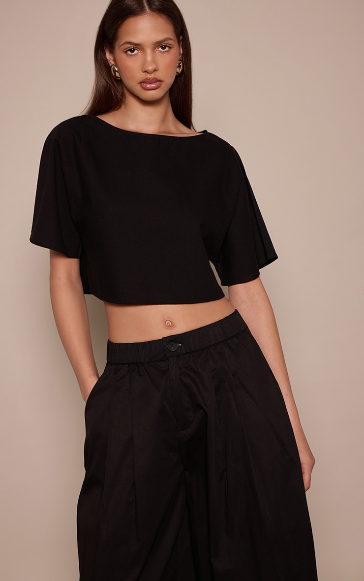 Black Linen Look Short Sleeve Top