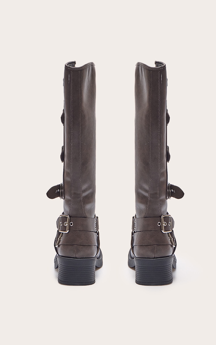 Brown Burnish Pu Round Toe Multi Buckle Harness Knee High Boots image 3