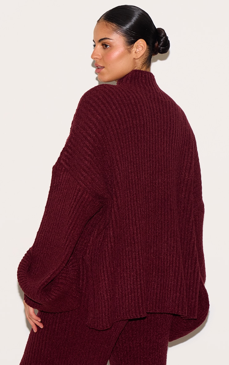 Plus Burgundy Rib Boucle Knit Oversized Sweater image 2