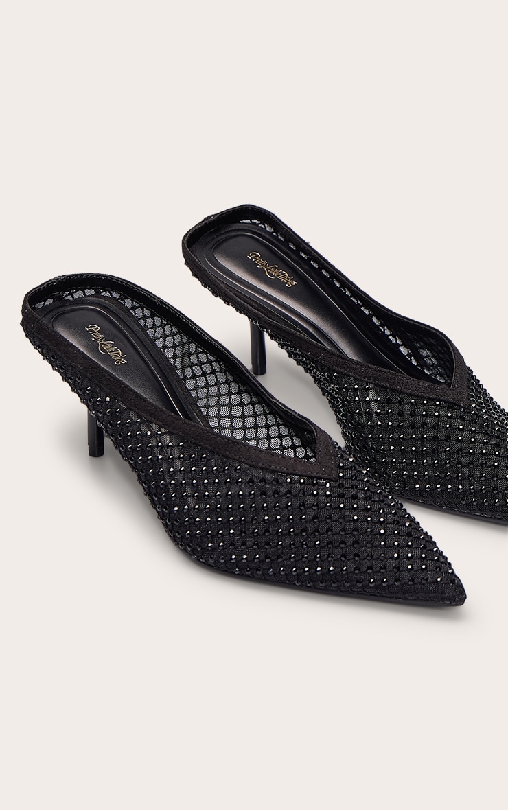 Mules style escarpins en mesh noir à coupe en V et strass image 5