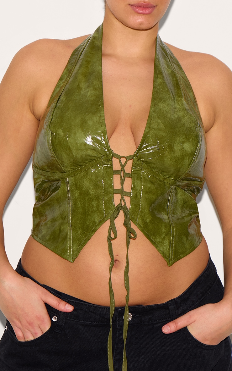 Plus Top en PU délavé vert olive lacé à décolleté et dos nu image 4