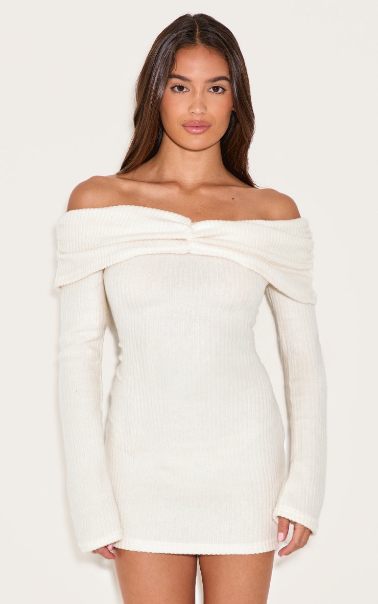 Cream Brushed Rib Bardot Long Sleeve Bodycon Dress image 1