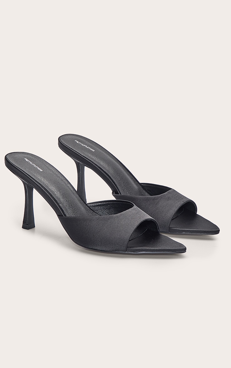 Black Satin Point Toe Heeled Mules image 3