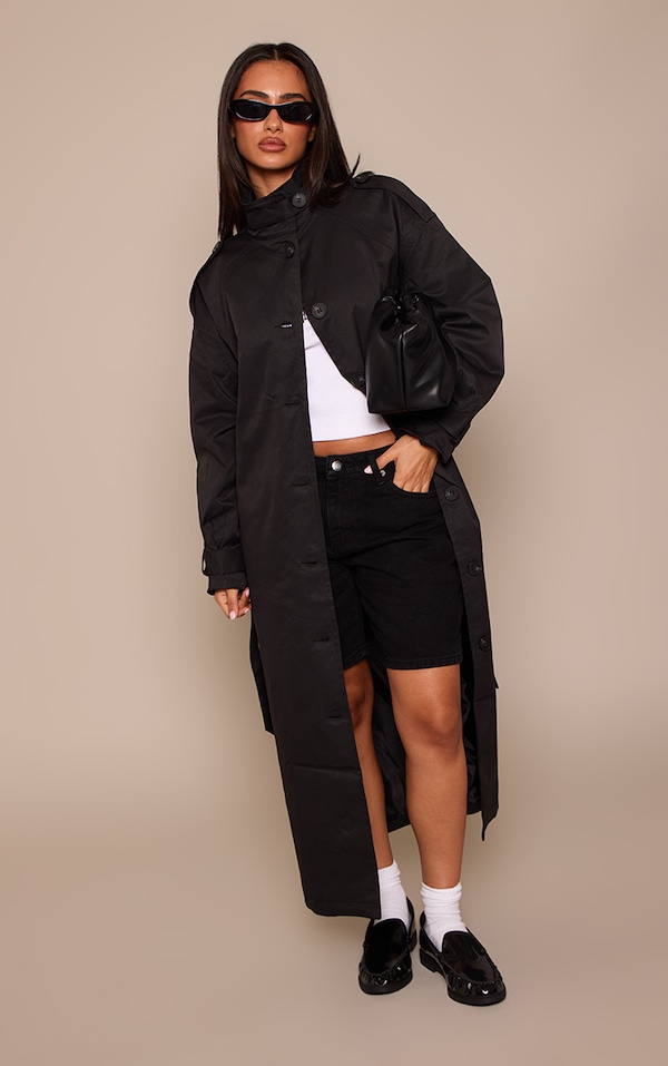 Petite Black Funnel Neck Trench Coat 