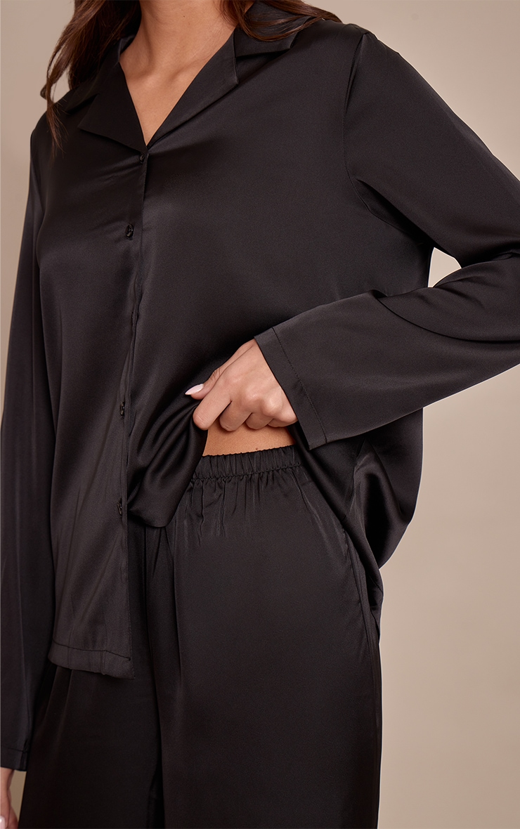 Black Satin Long Sleeve Button Down Shirt PJ Set image 4