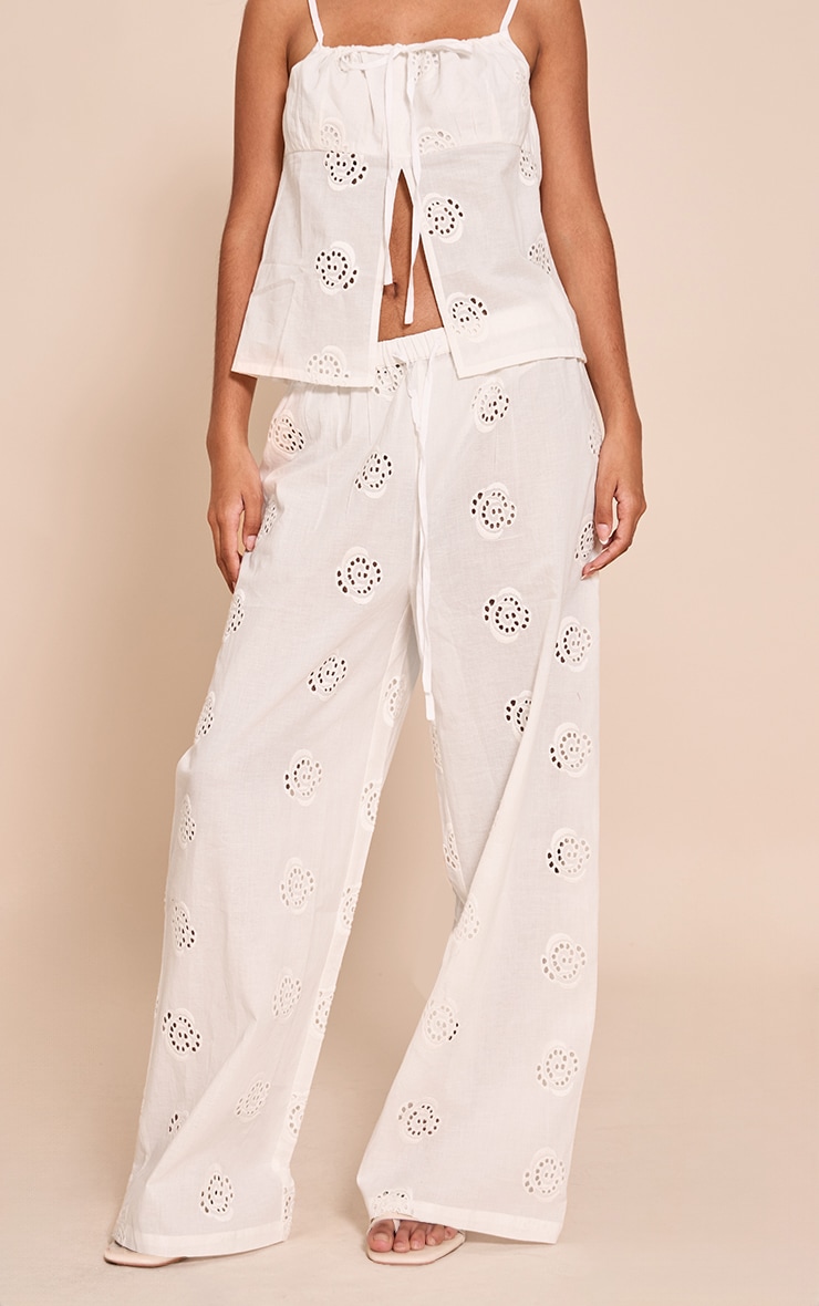 Petite White Linen Look Broderie Swirl Detail Straight Leg Pants image 2