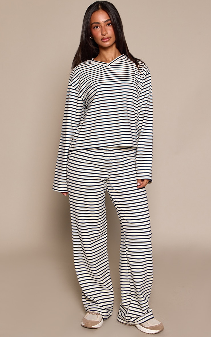 Petite Cream Stripe Soft Touch Drawstring Wide Leg Joggers