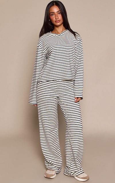 Petite Cream Stripe Soft Touch Drawstring Wide Leg Joggers