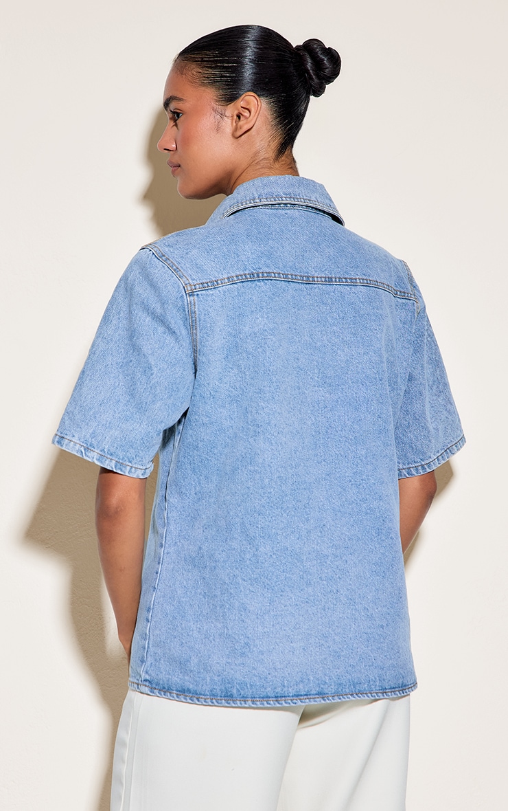 Light Blue Wash Fabric Covered Button Denim Shirt image 2