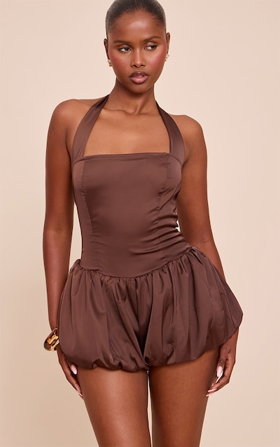 Chocolate Satin Halter Neck Puffball Romper