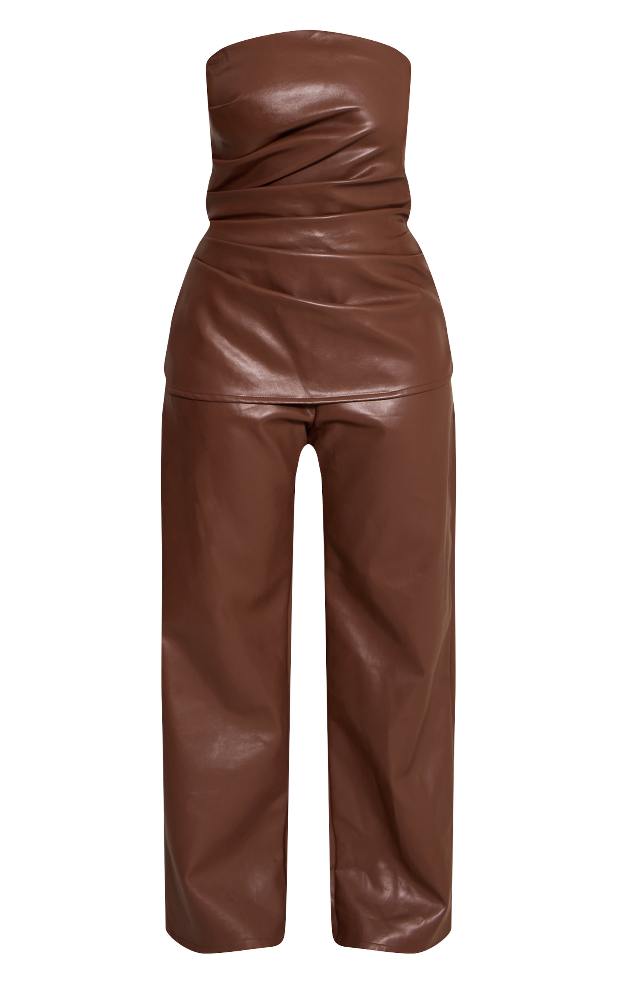 Shape Chocolate Faux Leather Ruched Bandeau Wide Leg Jumpsuit image 5