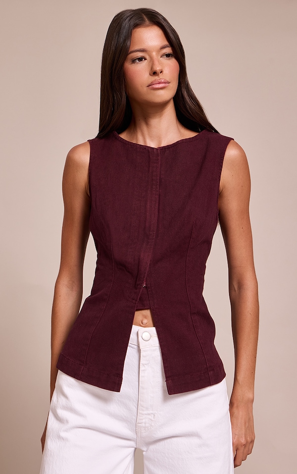 Top en jean brodeaux foncé sans manches à zip