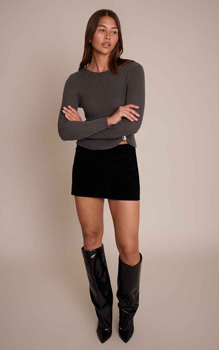 Grey Boatneck Long Sleeved Trim Detail Knitted Top  image 3