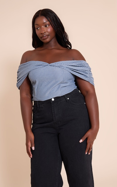 Plus Grey Striped Cotton Twist Detail Bardot Top