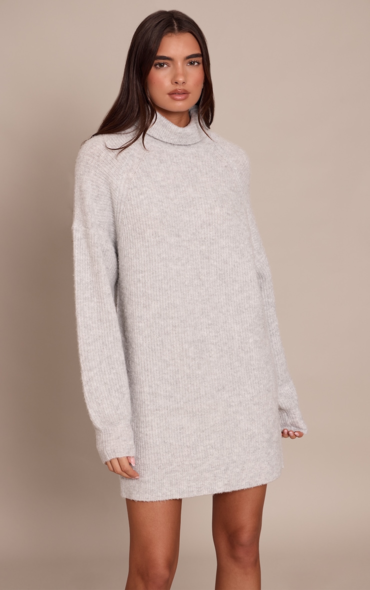 Grey Luxe Knitted Roll Neck Jumper Dress image 1
