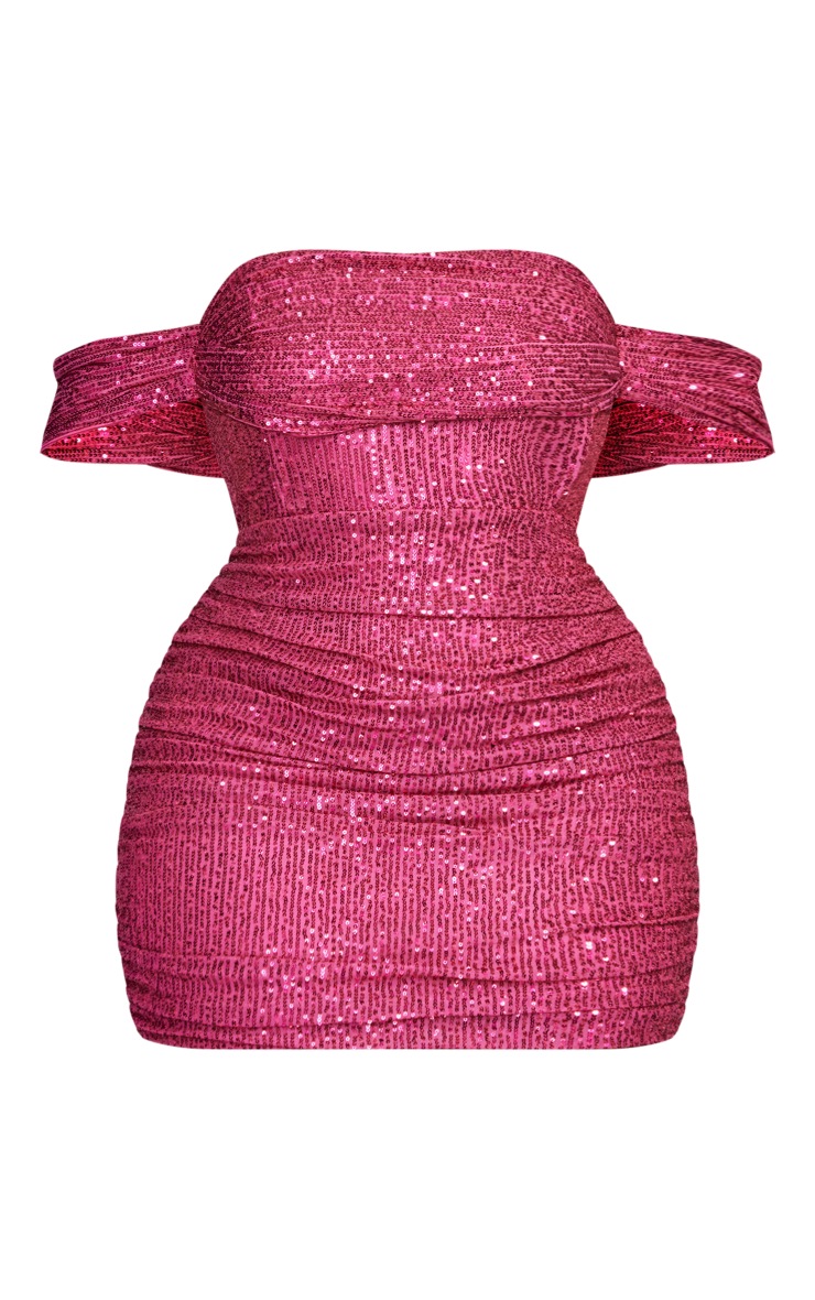 Plus Fuchsia Sequin Bardot Bodycon Dress image 5