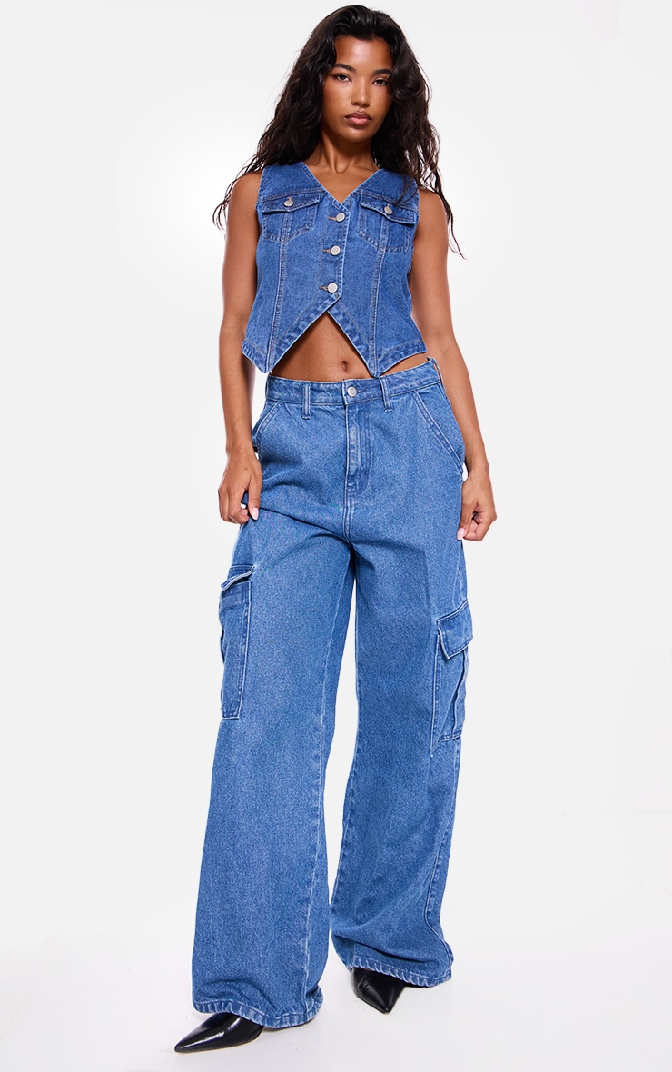 Indigo Blue Wash Halterneck Button Front Denim Vest image 3