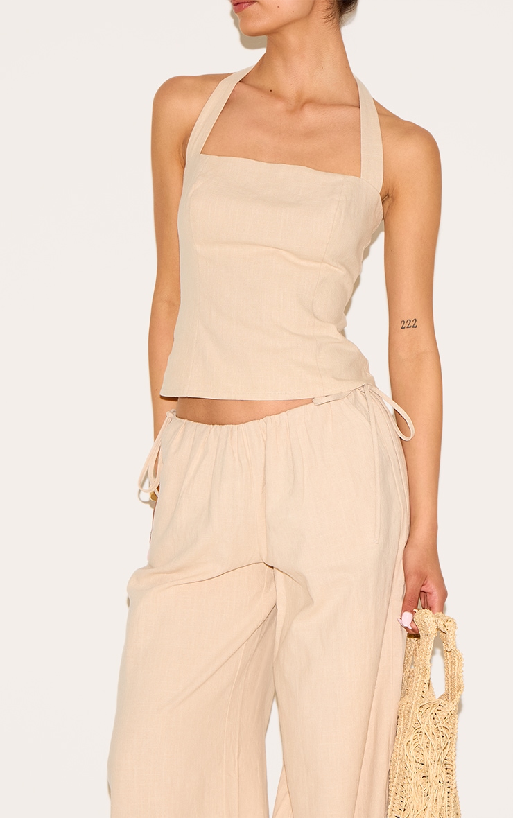 Tall Natural Premium Linen Look Side Tie Detail Wide Leg Pants image 4