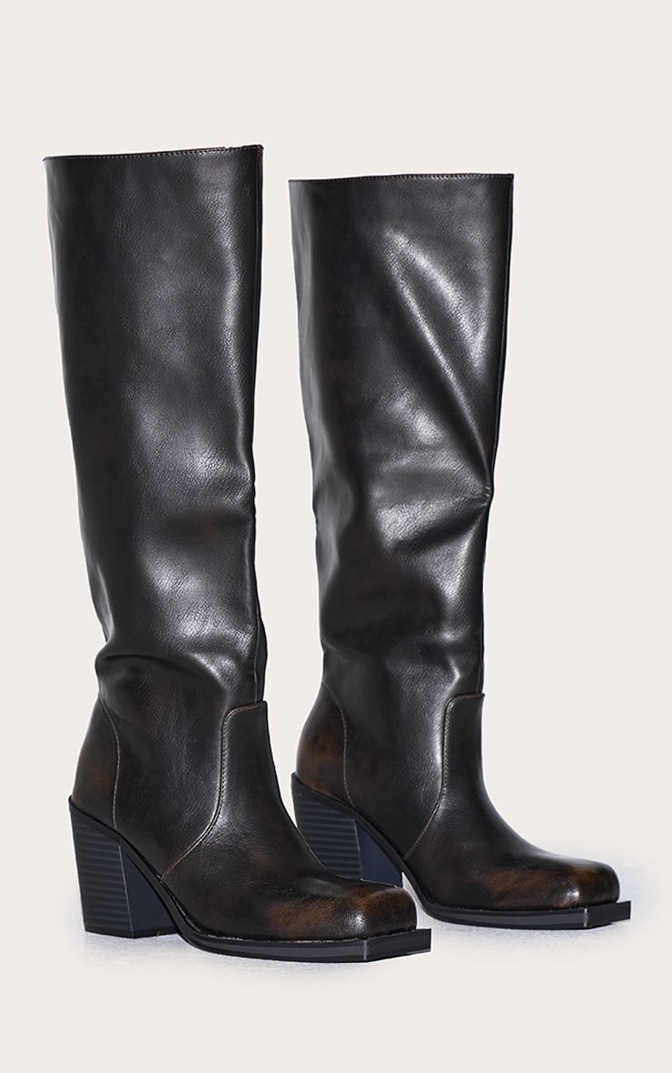 Brown Burnish Pu Square Toe High Block Heel Knee High Boots image 2