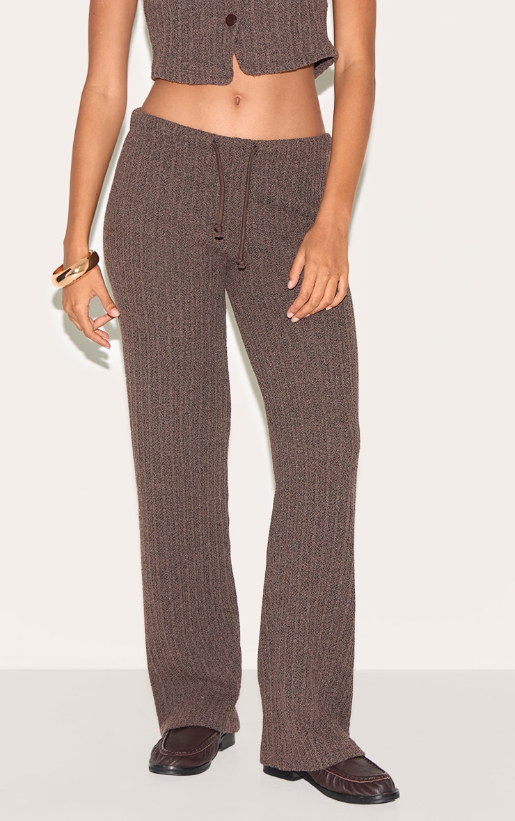 Chocolate Distressed Textured Rib Low Rise Drawstring Wide Leg Pants image 2