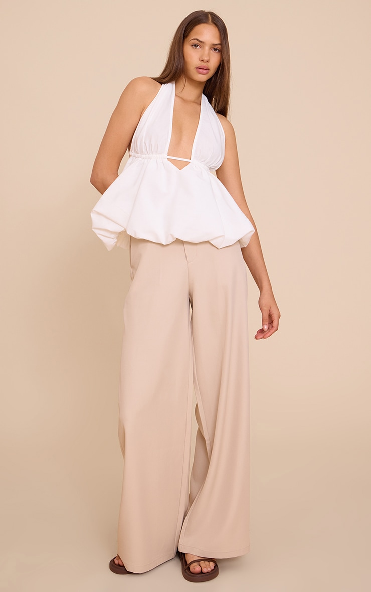 White Woven Plunge Halter Neck Puffball Top image 3